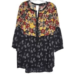 Suzanne Betro Floral Boho Tunic Bell Sleeves Blouse Top Size 1X